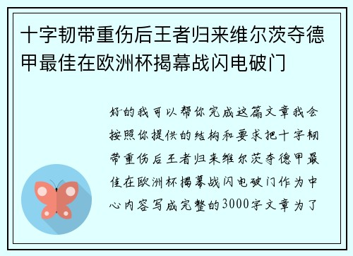 十字韧带重伤后王者归来维尔茨夺德甲最佳在欧洲杯揭幕战闪电破门