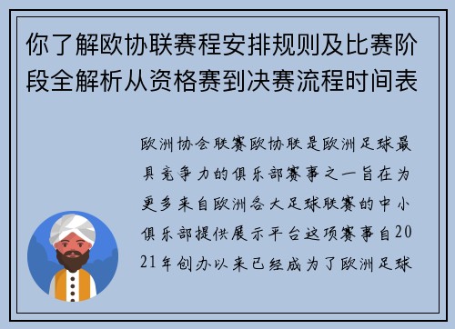 你了解欧协联赛程安排规则及比赛阶段全解析从资格赛到决赛流程时间表详解